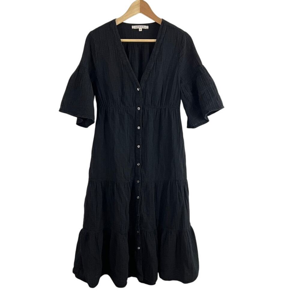 Xirena Black Crinkled Cotton Gauze Dress Size XS Tiered